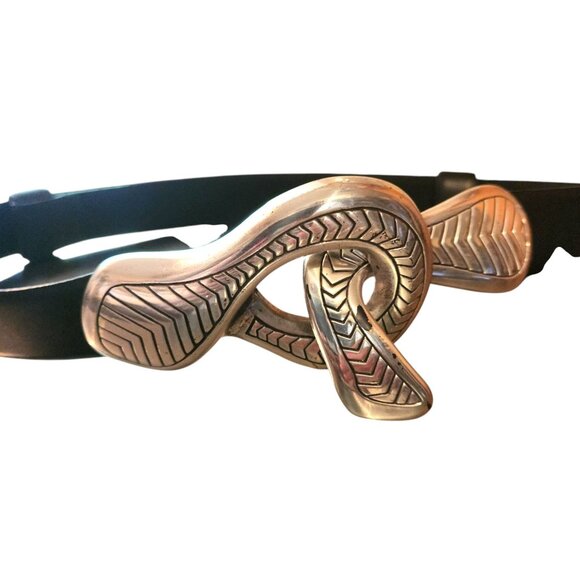 Vintage Chico's Silver Snake Buckle Black Vegan Leather Belt Adjustable - Picture 2 of 5